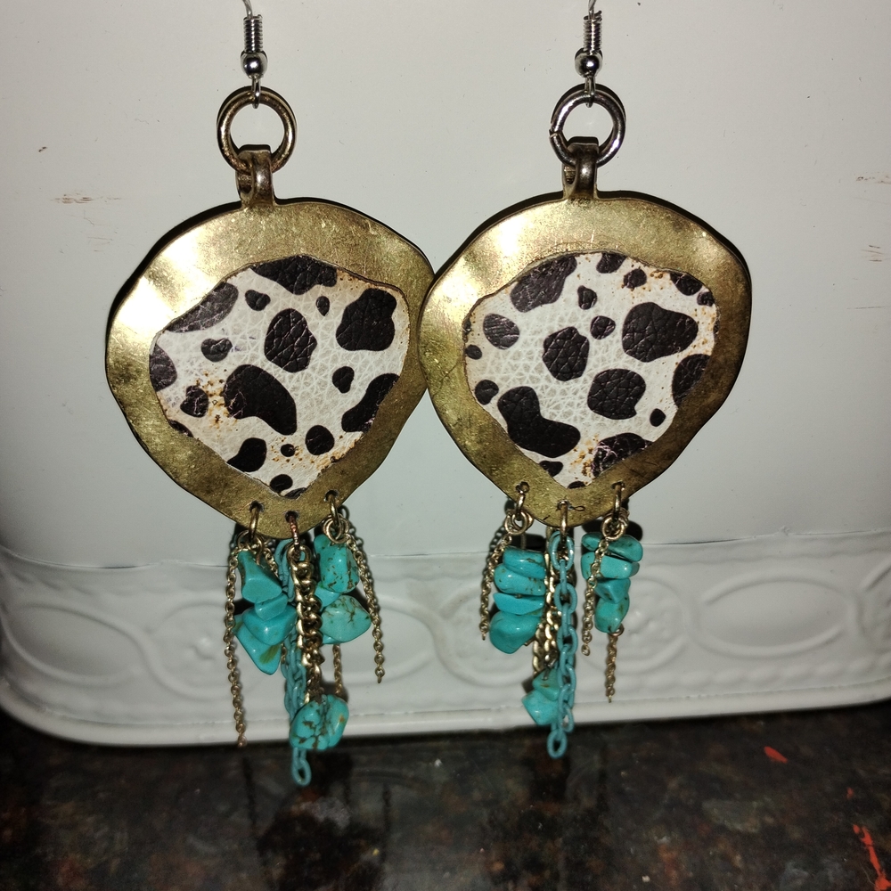 Leopard Print Gold and Turquoise Earrings